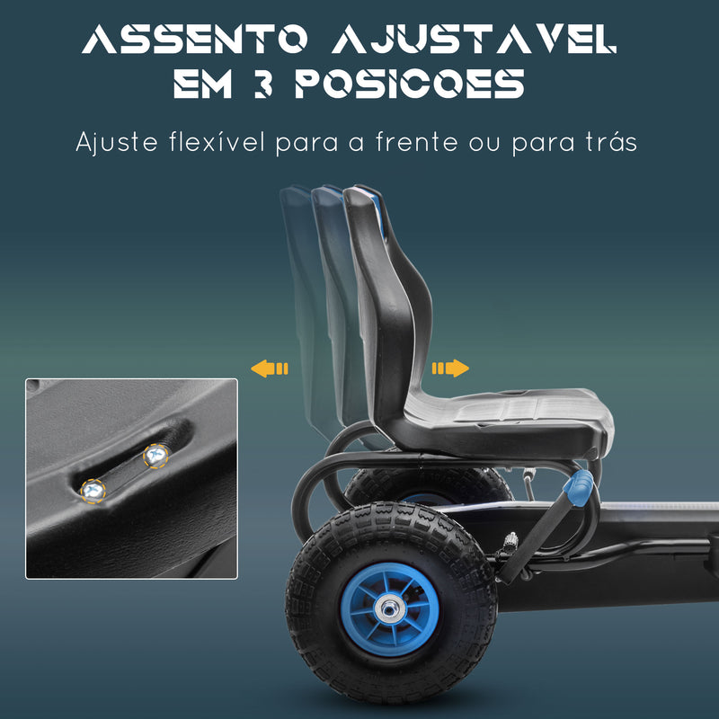 Kart a Pedais para Crianças 5-12 Anos Kart a Pedais Infantil com Assento Ajustável Pneus Insufláveis Amortecimento e Travão de Mão Carga Máx. 50kg 121x58x61cm Azul