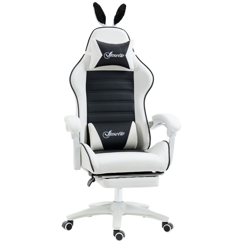 Cadeira Gaming Profissional Cadeira Gamer Giratória de Couro PU com Altura Ajustável Inclinável 135° Apoio para a Cabeça e Apoio para os Pés para Escritório 65x63x136-142 cm Branco e Preto