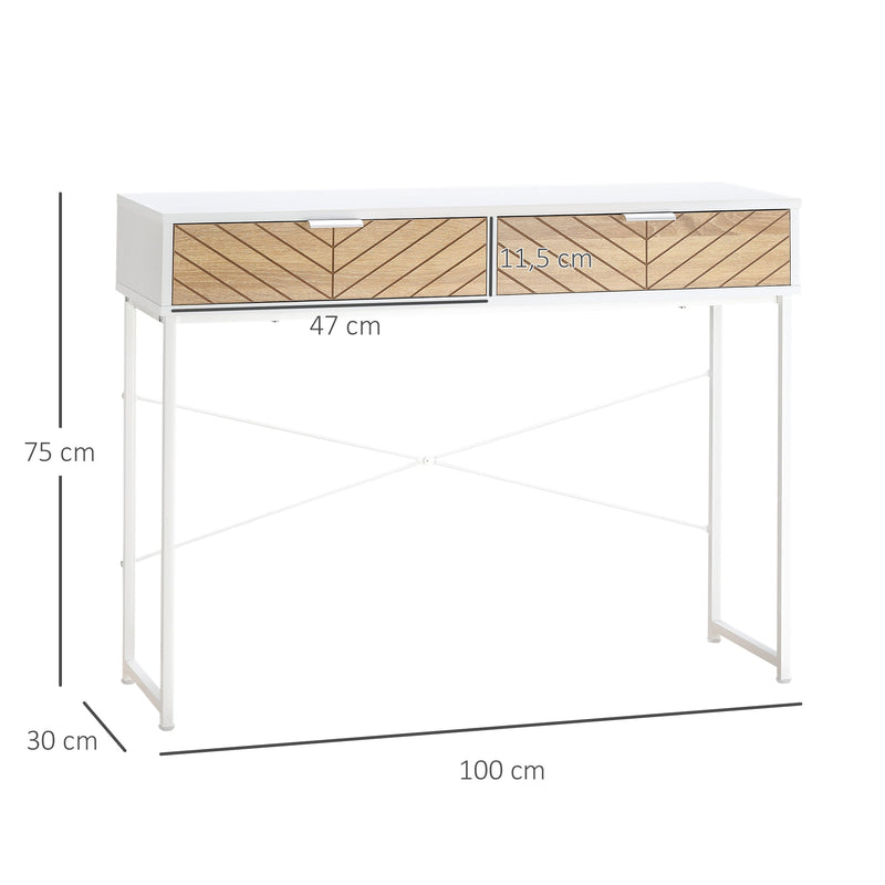 Mesa Consola 100x30x75cm Mesa de Entrada Moderno com 2 Gavetas de Armazenamento e Estrutura de Metal para Corredor Sala de Estar Branco