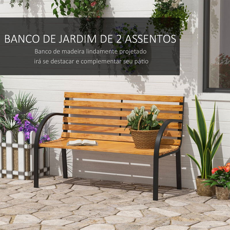 Banco de jardim 2 lugares com encosto e apoios de braços Ripas de madeira e estrutura de aço Carga 230 kg 122x60x80 cm Cor natural e preto