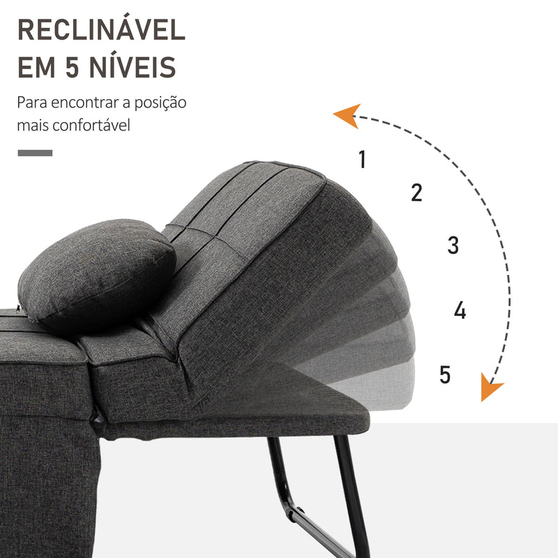 Sofá Cama Individual 3 em 1 Estofado em Linho Sofá Reclinável em 5 Posições com Apoio para os Pés e Apoio para a Cabeça para Sala de Estar Carga Máxima 200kg 95x189x43cm Cinza