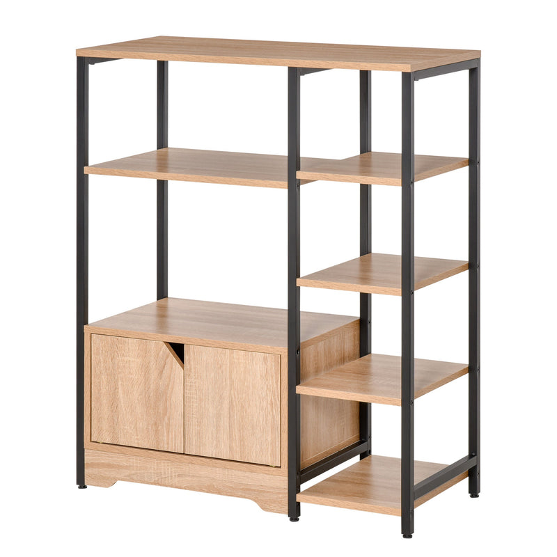 Estante para Livros com Múltiplas Prateleiras Abertas e 1 Armário com Porta Dupla Estante de Armazenamento para Escritório Sala de Estar 80x35x97cm Madeira Natural