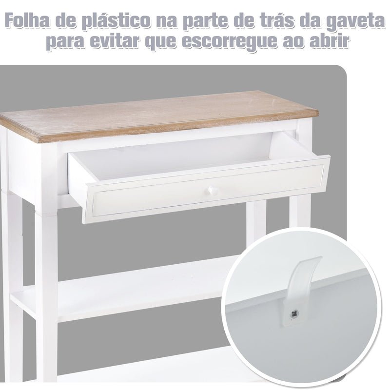 Mesa consola com 2 prateleiras 1 Gaveta Retro Removível 75,6x27,5x80,5 cm Branco