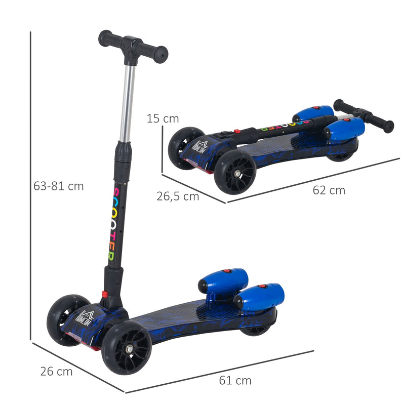 Trotinete dobrável para crianças acima de 3 anos altura ajustável em 4 níveis luzes musica e Nevoeiro de água 61x26x63-81 cm Azul