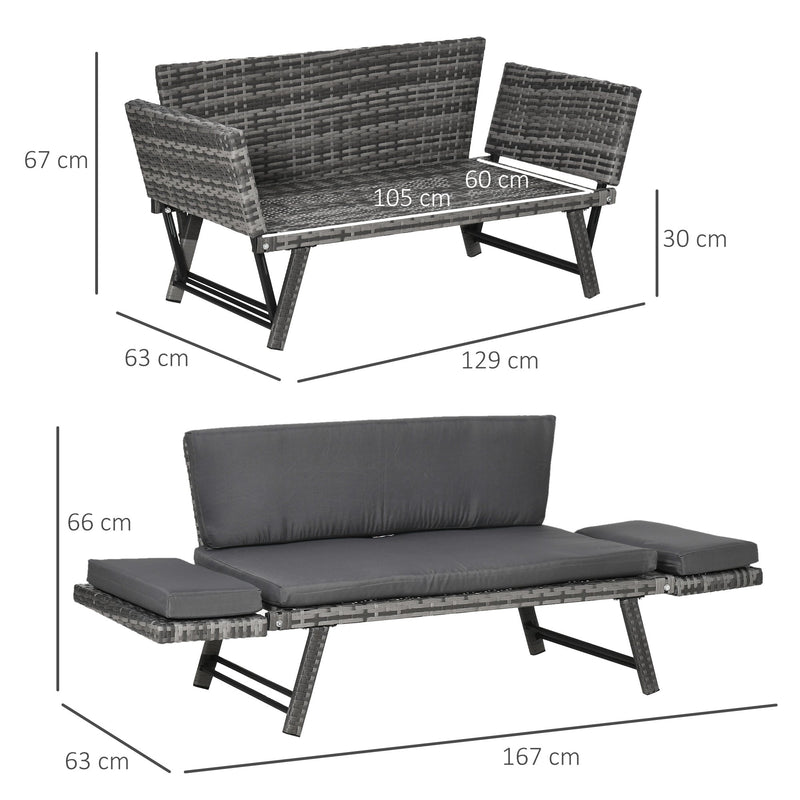 Sofá de 2 Lugares Vime Sintético Convertível em Cama Sofá de Jardim Exterior com Almofada Mobiliário Pátio Terraço 129x66x67cm Cinza