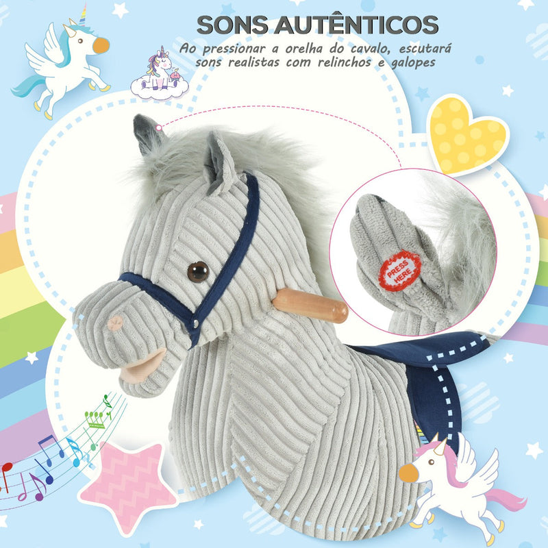 Baloiço Infantil de Cavalo para Crianças acima de 3 Anos Baloiço de Pelúcia com Sons de Relinchos e Galopes e Base de Madeira 73x35x64cm Azul e Cinza