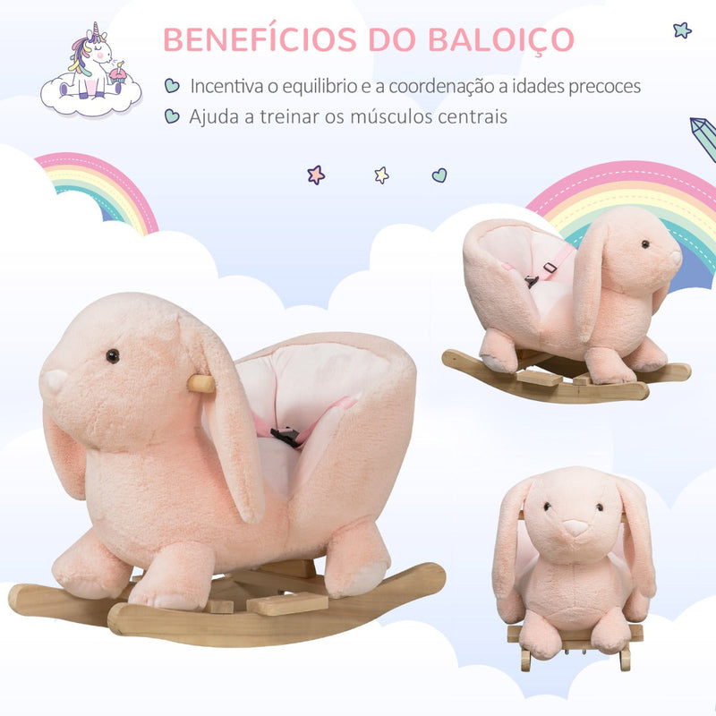 Baloiço Infantil com Forma de Coelho de Pelúcia Baloiço para Bebés 18-36 Meses com Som Cinto de Segurança Guidão e Apoio para os Pés 60x33x50cm Rosa