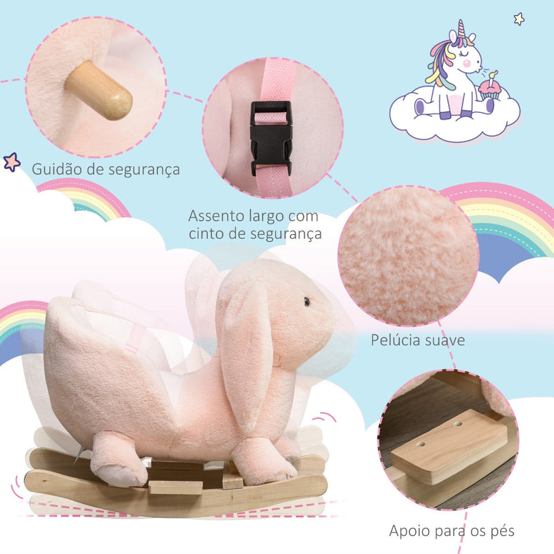 Baloiço Infantil com Forma de Coelho de Pelúcia Baloiço para Bebés 18-36 Meses com Som Cinto de Segurança Guidão e Apoio para os Pés 60x33x50cm Rosa