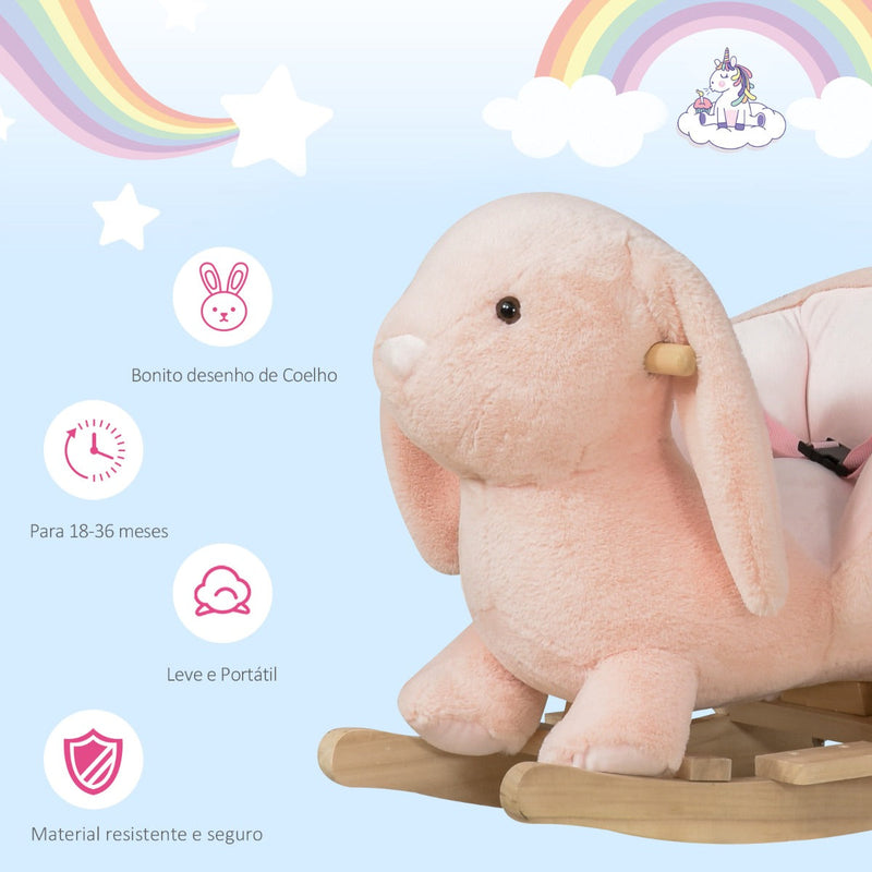 Baloiço Infantil com Forma de Coelho de Pelúcia Baloiço para Bebés 18-36 Meses com Som Cinto de Segurança Guidão e Apoio para os Pés 60x33x50cm Rosa