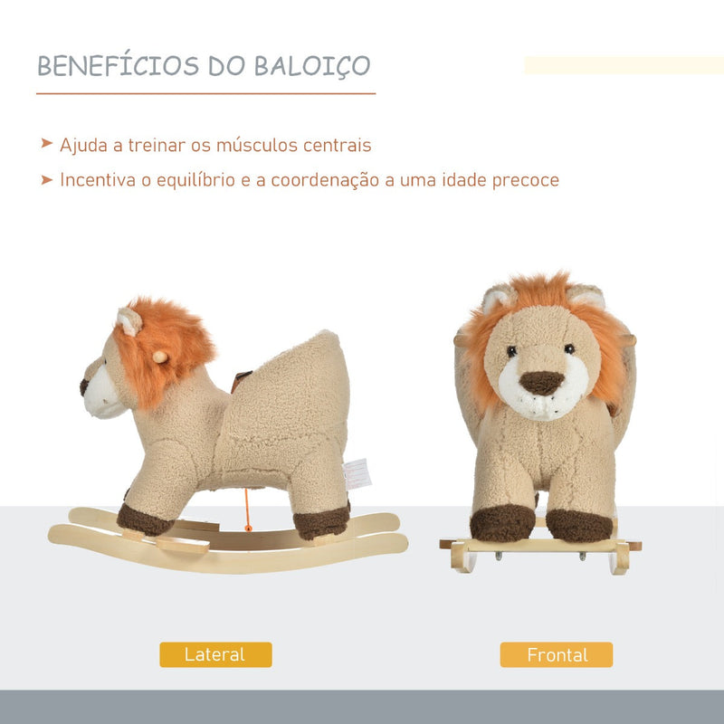 Baloiço Infantil em Forma de Leão de Pelúcia para Bebés 18-39 Meses com Som Cinto de Segurança Guidão Apoio para os Pés 68x35x50cm Marrom