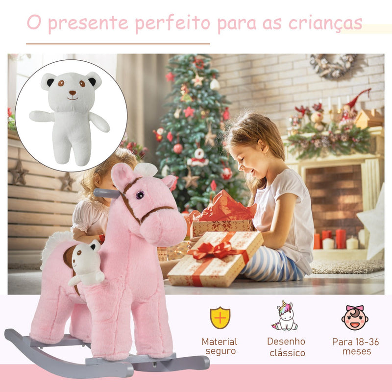 Cavalo Baloiço para Crianças de 18-36 Meses Cavalo de Balançar com Ursinho de Pelúcia Sons de Relinchos e Galopes base de Madeira 65x26x55cm Rosa