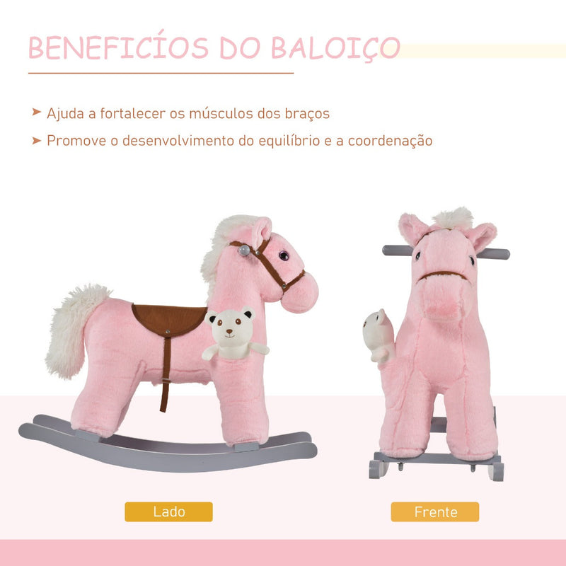 Cavalo Baloiço para Crianças de 18-36 Meses Cavalo de Balançar com Ursinho de Pelúcia Sons de Relinchos e Galopes base de Madeira 65x26x55cm Rosa