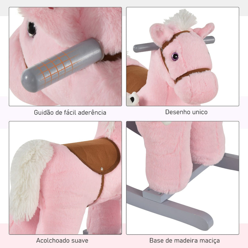 Cavalo Baloiço para Crianças de 18-36 Meses Cavalo de Balançar com Ursinho de Pelúcia Sons de Relinchos e Galopes base de Madeira 65x26x55cm Rosa