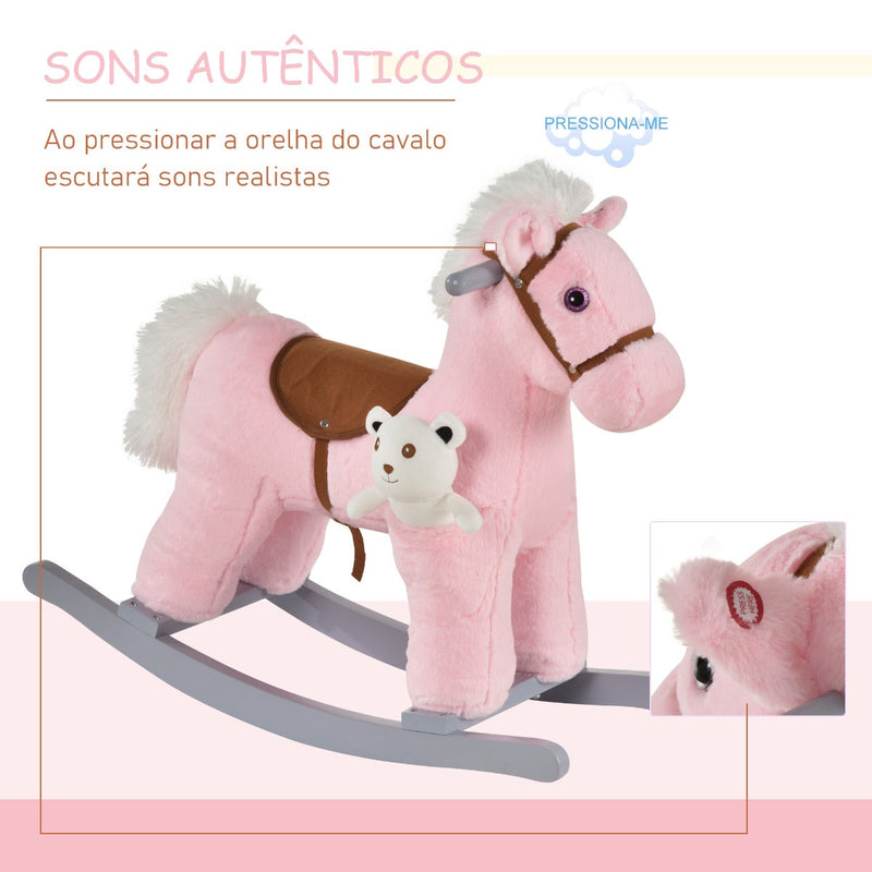 Cavalo Baloiço para Crianças de 18-36 Meses Cavalo de Balançar com Ursinho de Pelúcia Sons de Relinchos e Galopes base de Madeira 65x26x55cm Rosa