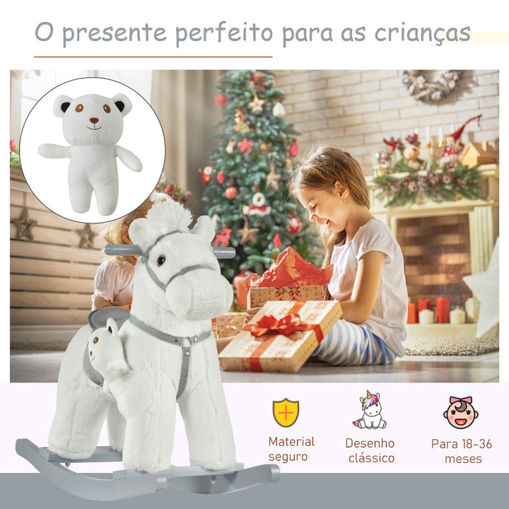 Cavalo Baloiço para Crianças de 18-36 Meses Cavalo de Balançar com Ursinho de Pelúcia Sons de Relinchos e Galopes base de Madeira 65x26x55cm Branco