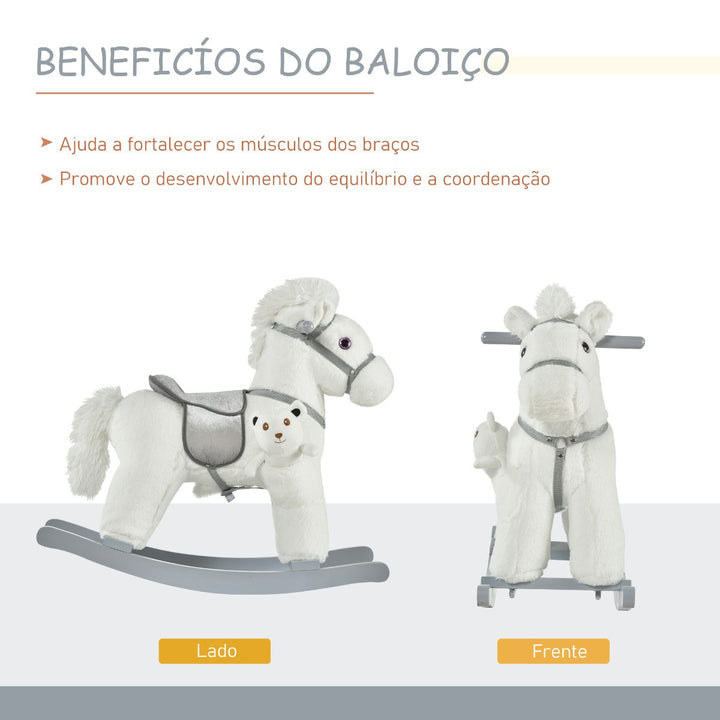 Cavalo Baloiço para Crianças de 18-36 Meses Cavalo de Balançar com Ursinho de Pelúcia Sons de Relinchos e Galopes base de Madeira 65x26x55cm Branco