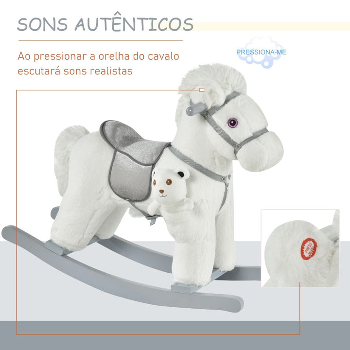 Cavalo Baloiço para Crianças de 18-36 Meses Cavalo de Balançar com Ursinho de Pelúcia Sons de Relinchos e Galopes base de Madeira 65x26x55cm Branco