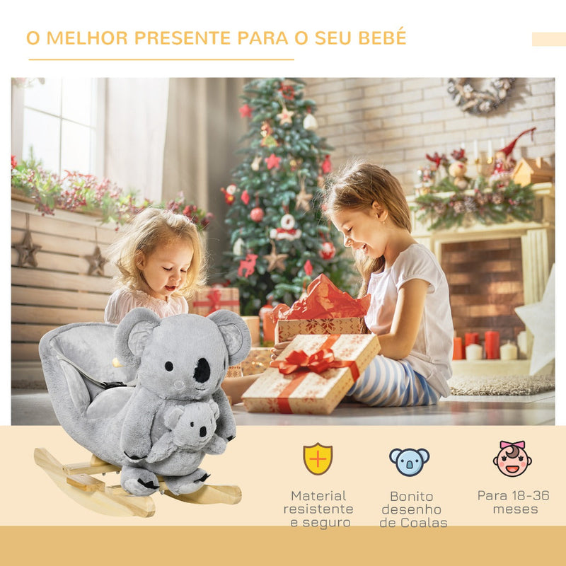 Baloiço Infantil com Forma de Coala com Fantoche para Bebés 18-36 Meses com Som Cinto de Segurança e Apoio para os Pés 60x33x50cm Cinza