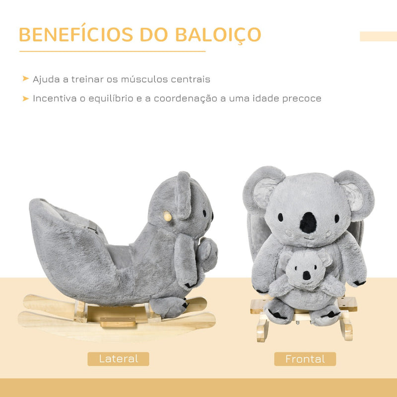 Baloiço Infantil com Forma de Coala com Fantoche para Bebés 18-36 Meses com Som Cinto de Segurança e Apoio para os Pés 60x33x50cm Cinza