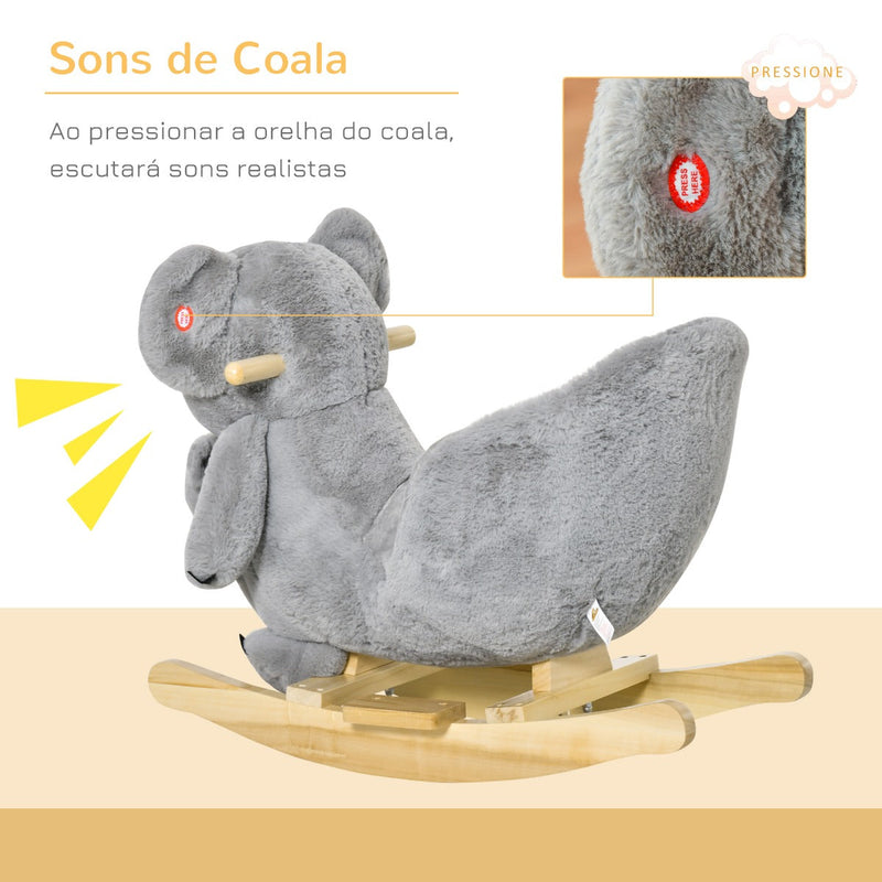 Baloiço Infantil com Forma de Coala com Fantoche para Bebés 18-36 Meses com Som Cinto de Segurança e Apoio para os Pés 60x33x50cm Cinza