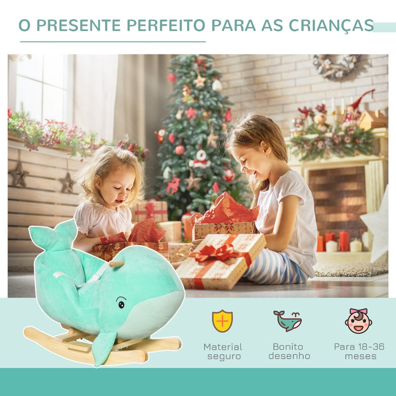 Baloiço com Forma de Baleia para Crianças de 18-36 Meses Baloiço de Pelúcia com Sons Cinto de Segurança e Apoio para os Pés 60x33x50cm Turquesa