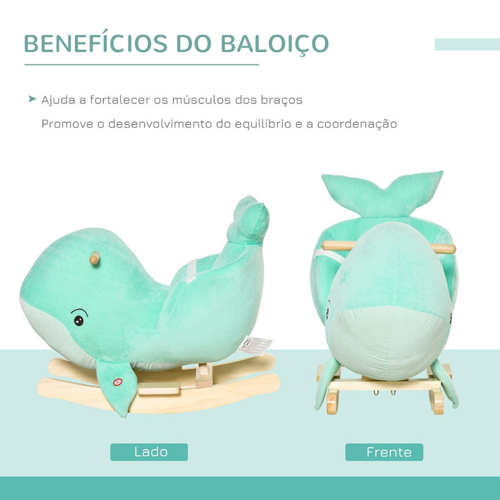 Baloiço com Forma de Baleia para Crianças de 18-36 Meses Baloiço de Pelúcia com Sons Cinto de Segurança e Apoio para os Pés 60x33x50cm Turquesa
