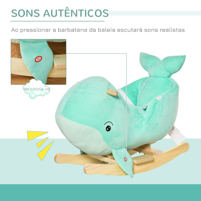 Baloiço com Forma de Baleia para Crianças de 18-36 Meses Baloiço de Pelúcia com Sons Cinto de Segurança e Apoio para os Pés 60x33x50cm Turquesa