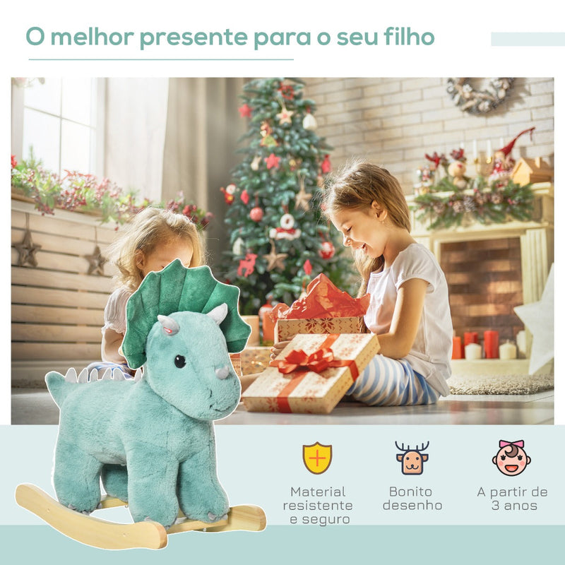 Baloiço Infantil de Dinossauro para Crianças acima de 3 Anos Baloiço com Sons Realistas de Pelúcia e Base de Madeira Carga 45kg 64x30x54cm Verde Escuro