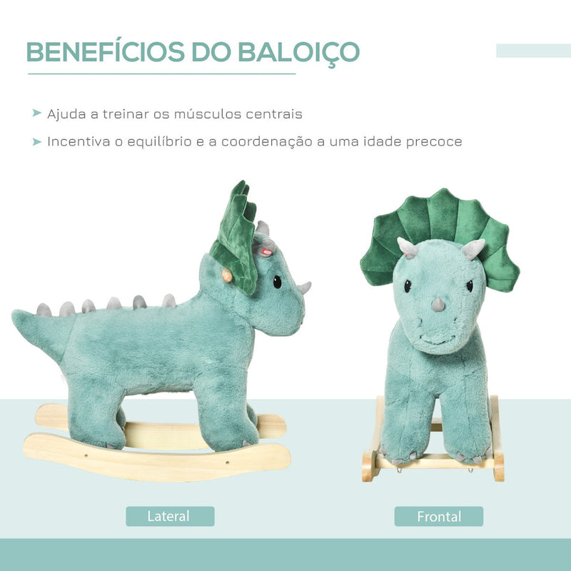 Baloiço Infantil de Dinossauro para Crianças acima de 3 Anos Baloiço com Sons Realistas de Pelúcia e Base de Madeira Carga 45kg 64x30x54cm Verde Escuro