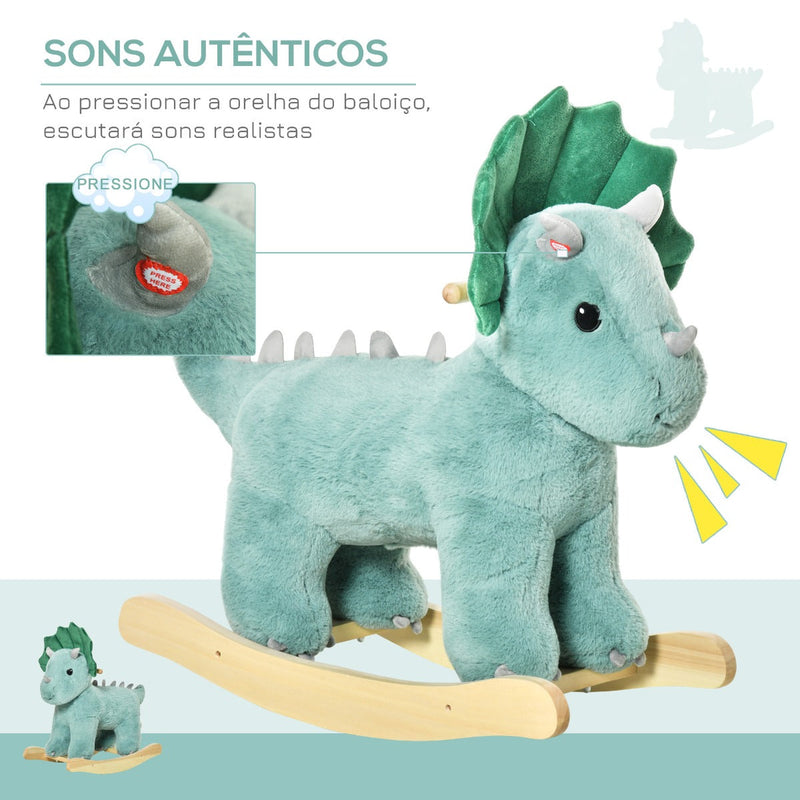 Baloiço Infantil de Dinossauro para Crianças acima de 3 Anos Baloiço com Sons Realistas de Pelúcia e Base de Madeira Carga 45kg 64x30x54cm Verde Escuro