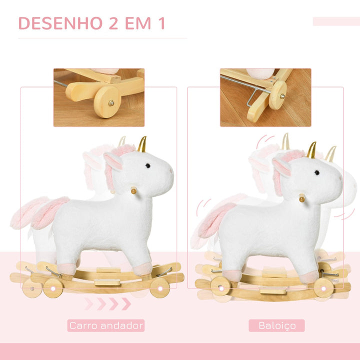 Baloiço Infantil em Forma de Unicornio para Crianças acima de 3 Anos Baloiço 2 em 1 com Rodas e Sons 45kg 63x38x63cm Branco