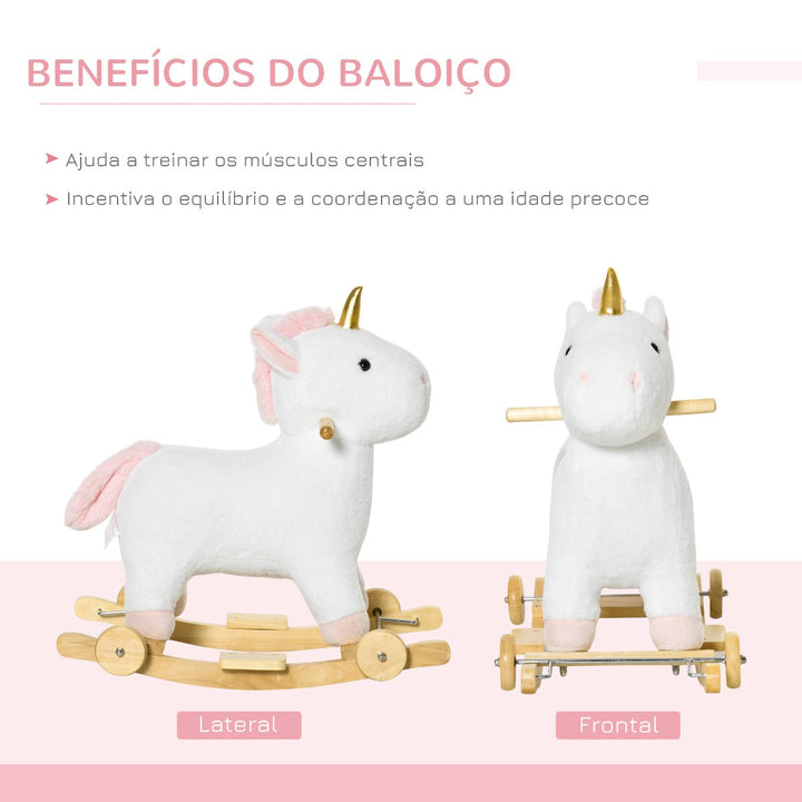 Baloiço Infantil em Forma de Unicornio para Crianças acima de 3 Anos Baloiço 2 em 1 com Rodas e Sons 45kg 63x38x63cm Branco