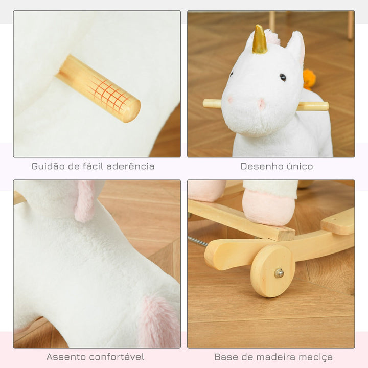 Baloiço Infantil em Forma de Unicornio para Crianças acima de 3 Anos Baloiço 2 em 1 com Rodas e Sons 45kg 63x38x63cm Branco