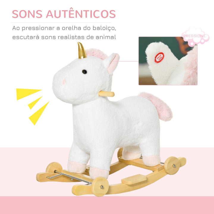 Baloiço Infantil em Forma de Unicornio para Crianças acima de 3 Anos Baloiço 2 em 1 com Rodas e Sons 45kg 63x38x63cm Branco