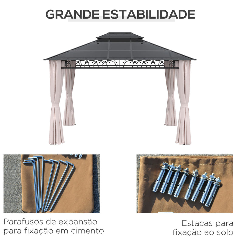 Pérgola de Jardim 3,6x3m Pérgola de Exterior com Teto Duplo de Policarbonato 4 Cortinas Laterais Mosquiteiras com Zíper e Estrutura de Alumínio para Pátio Festas Preto Cinza e Cáqui