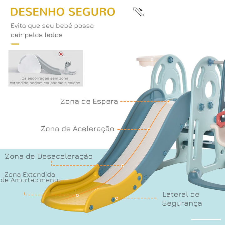 Escorrega Infantil com Baloiço e Cesta de Basquetebol 3 em 1 para Crianças acima de 18 meses com Assento Ajustável Centro de Atividades para Interior e Exterior 145x190x97cm Multicor