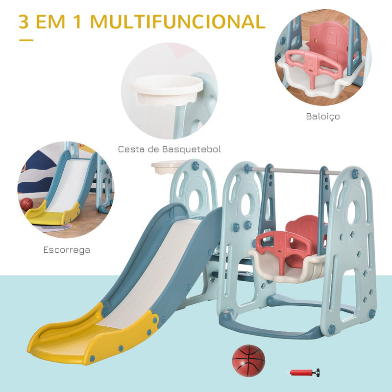 Escorrega Infantil com Baloiço e Cesta de Basquetebol 3 em 1 para Crianças acima de 18 meses com Assento Ajustável Centro de Atividades para Interior e Exterior 145x190x97cm Multicor