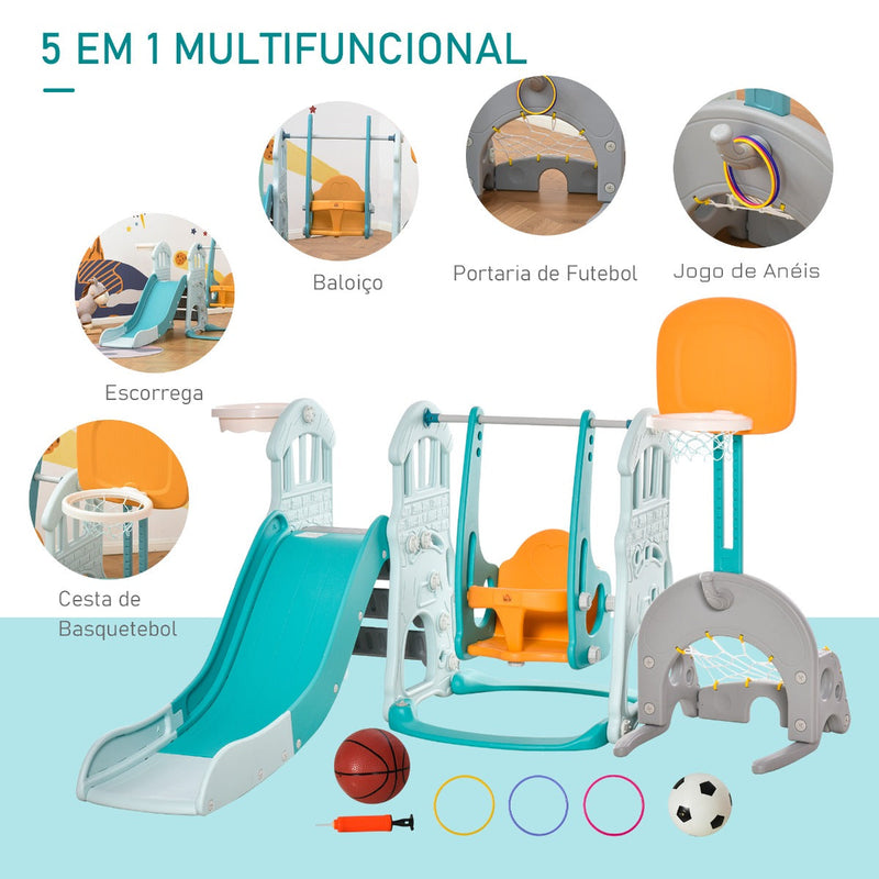 5 em 1 Escorrega e Baloiço para Crianças acima de 18 meses com 2 Cestas de Basquetebol Porteria de Futbol com Assento Ajustável Parque Infantil Interior e Exterior 210x186x133cm Multicor