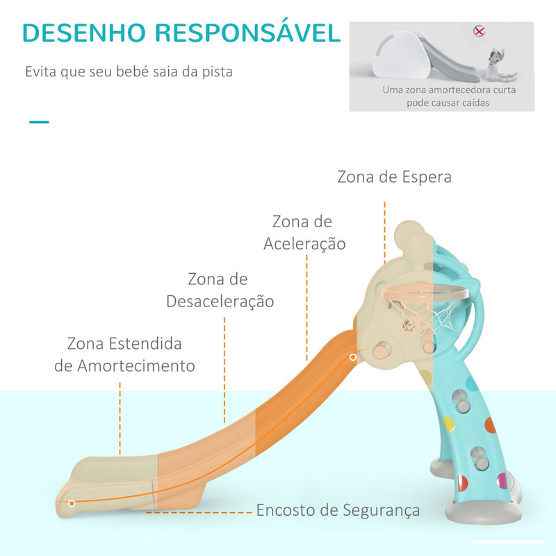 Escorrega Infantil Dobrável com Cesta de Basquetebol para Crianças acima de 18 meses Modelo Girafa para Interiores e Exteriores 140x87x75cm Azul e Cinza