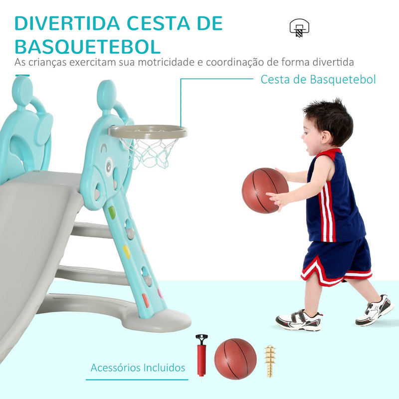 Escorrega Infantil Dobrável com Cesta de Basquetebol para Crianças acima de 18 meses Modelo Girafa para Interiores e Exteriores 140x87x75cm Azul e Cinza