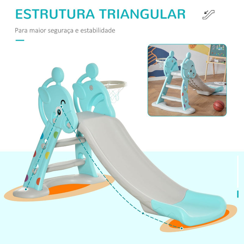 Escorrega Infantil Dobrável com Cesta de Basquetebol para Crianças acima de 18 meses Modelo Girafa para Interiores e Exteriores 140x87x75cm Azul e Cinza