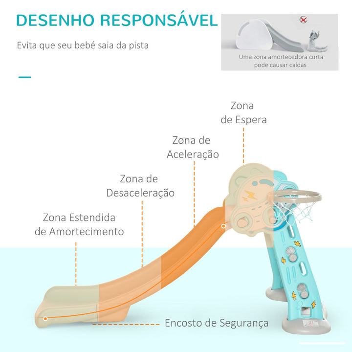Escorrega Infantil Dobrável com Cesta de Basquetebol para Crianças acima de 18 meses Modelo Disco Voador para Interiores e Exteriores 140x87x75cm Azul e Cinza