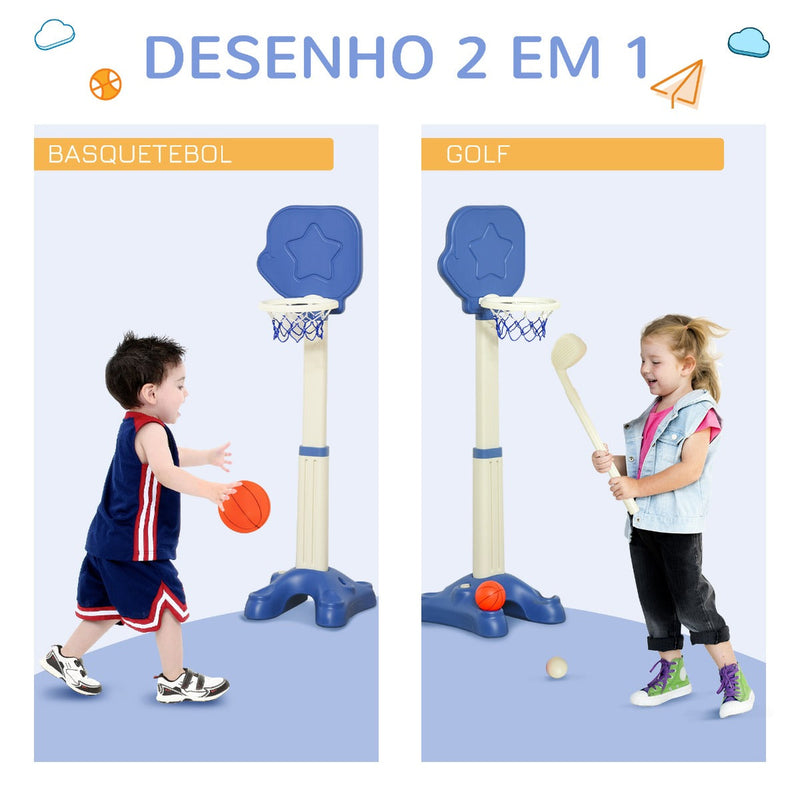 Cesta de Basquetebol 2 em 1 Jogo de Golf para Crianças acima de 2 Anos Aro com Altura Ajustável de 83-120cm Bolas e Taco de Golf 46x41x116-153cm Azul e Branco