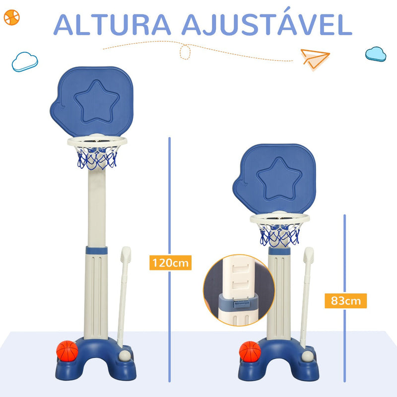 Cesta de Basquetebol 2 em 1 Jogo de Golf para Crianças acima de 2 Anos Aro com Altura Ajustável de 83-120cm Bolas e Taco de Golf 46x41x116-153cm Azul e Branco