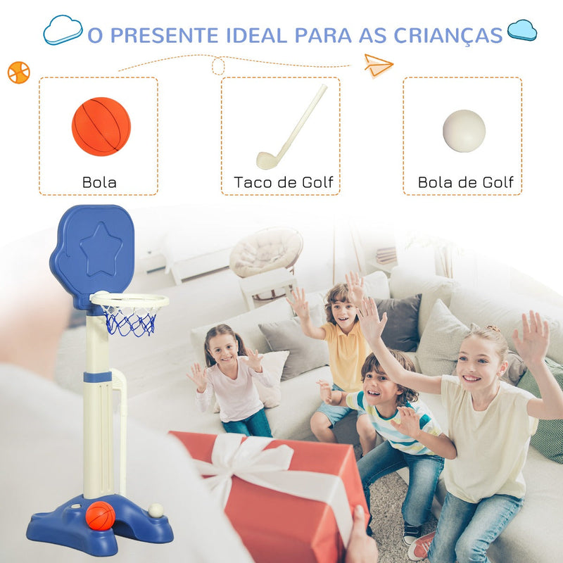 Cesta de Basquetebol 2 em 1 Jogo de Golf para Crianças acima de 2 Anos Aro com Altura Ajustável de 83-120cm Bolas e Taco de Golf 46x41x116-153cm Azul e Branco