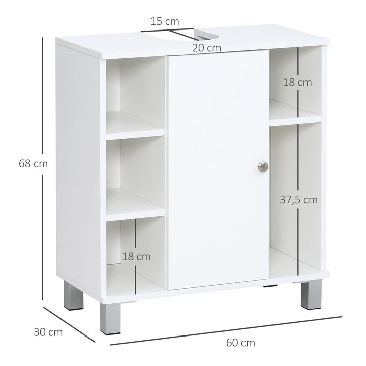 Armário Casa de Banho Móvel para Lavatório de Madeira com 5 Compartimentos Abertos 1 Porta Desenho Compacto Moderno 60x30x68cm Branco