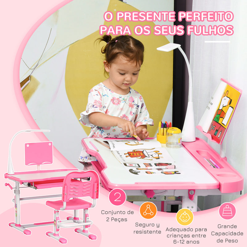 Conjunto de Secretária e Cadeira para Crianças acima de 3 Anos Secretária Infantil com Altura Ajustável Mesa Inclinável Gaveta Lâmpada LED e Suporte para Lápis 80x49,5x80-105cm e 36x34x60-73cm Rosa