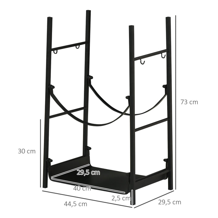 Suporte para Lenha de 2 Níveis Porta Lenha Exterior e Interior Metálico com 4 Ferramentas para Lareira Carga Máx. 70kg 44,5x29,x73 cm Preto