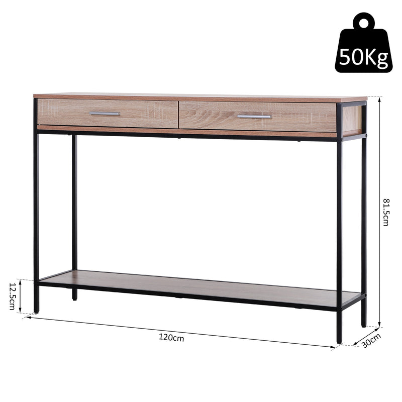 Mesa consola tipo aparador para corredor com 2 Gavetas e Prateleira Inferior 120x30x81,5 cm Carvalho