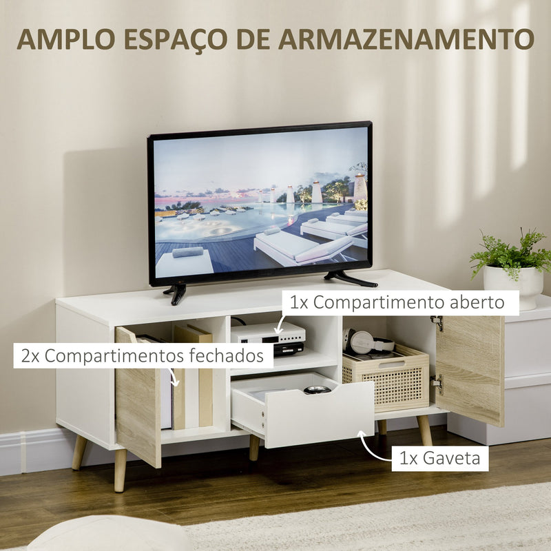 Móvel de TV com Gaveta 2 Portas e Prateleira Mesa de TV para Televisores de até 50 Polegadas Aparador de Sala de Estar 110x40x50cm Branco e Madeira